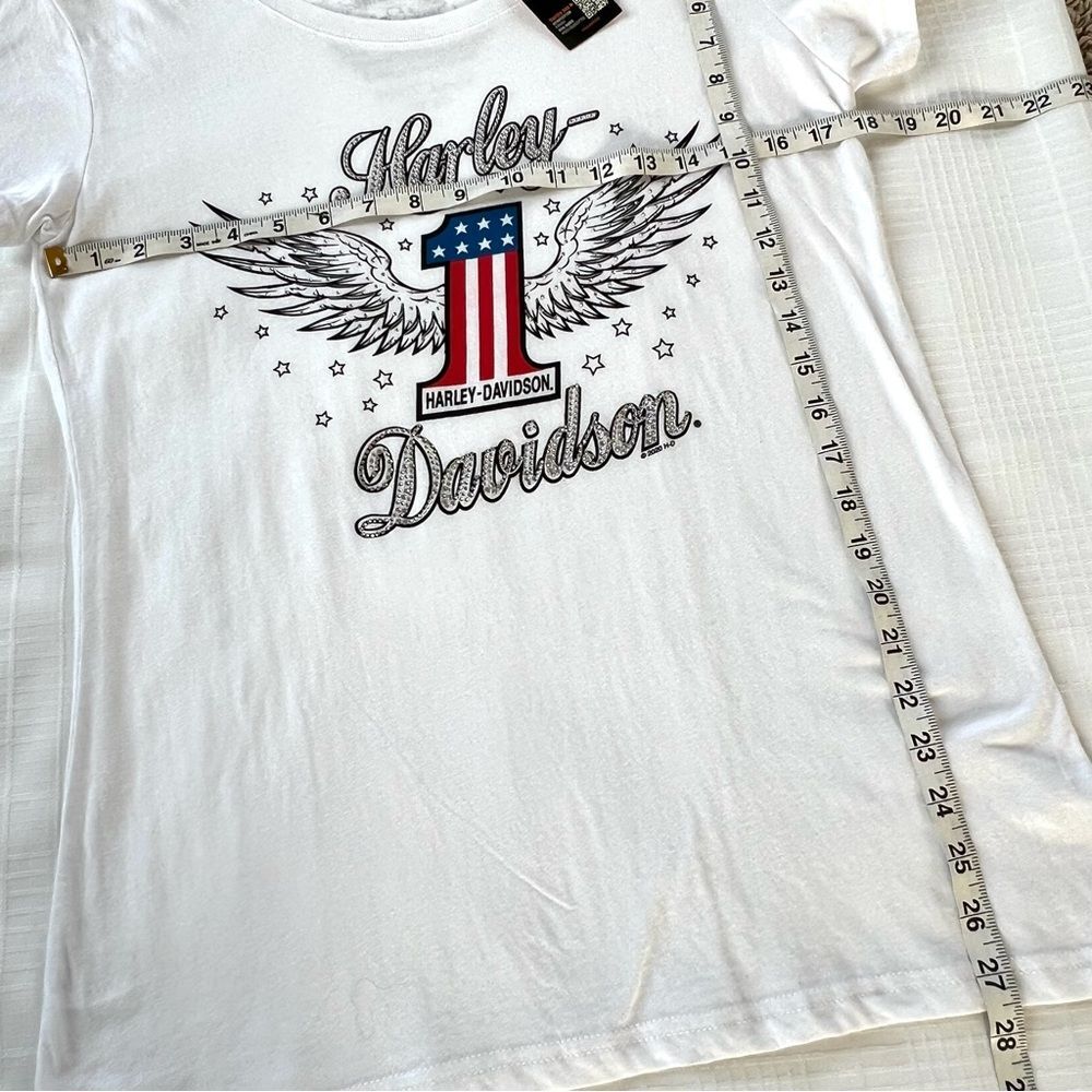 Harley Davidson Women's Winged Graphic Patriot Red White Jewel Biker Tee SZ L - Picture 13 of 14